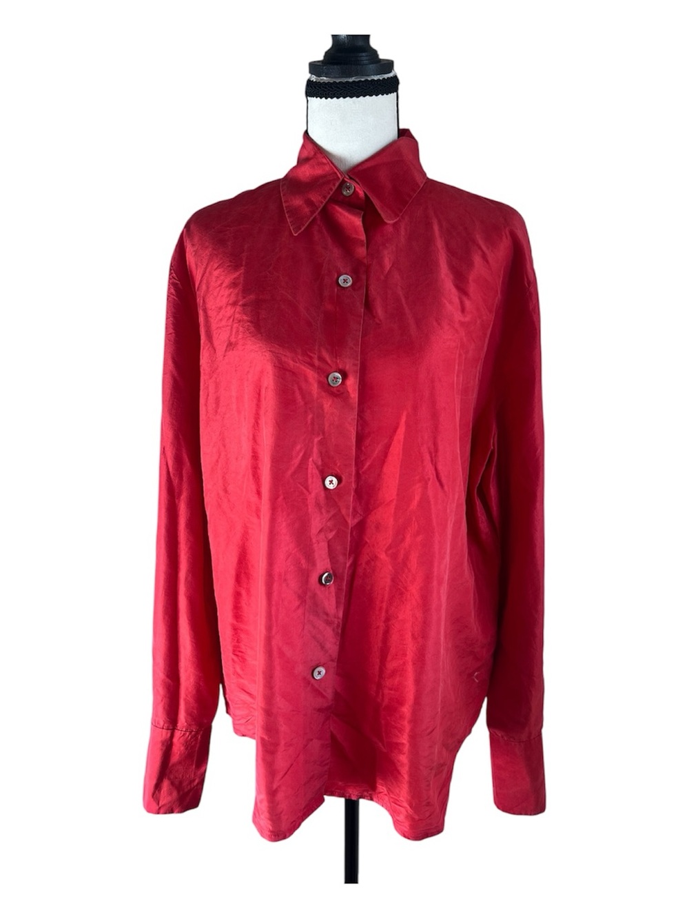 Linda Allard Ellen Tracy Red 100% Silk Button Front Shirt Size 14